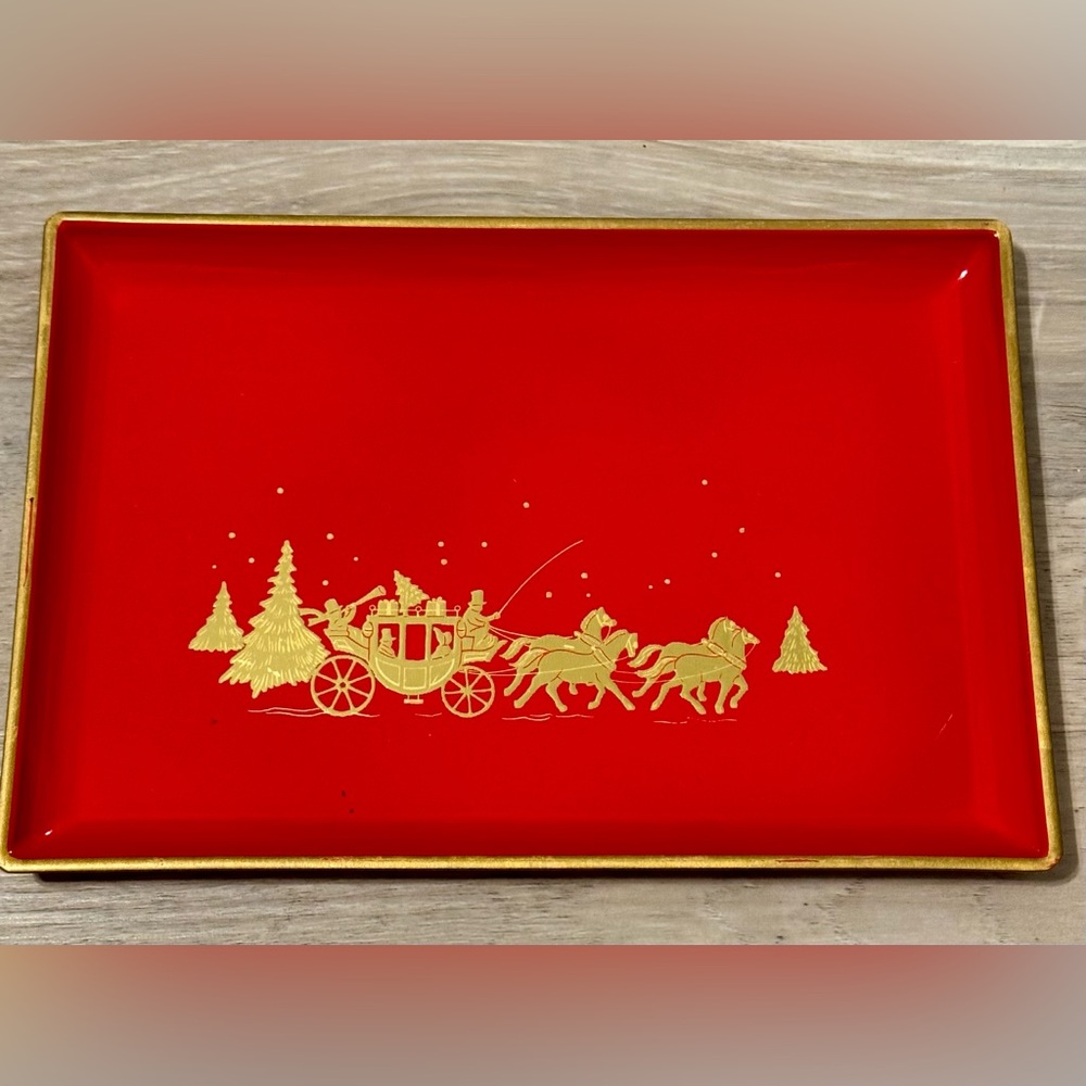 Vintage Otagiri Lacquerware Christmas Holiday Red Tray Horse Carriage